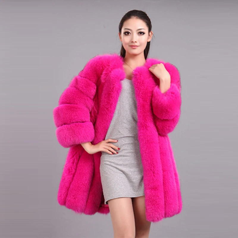 Элегантная женская Толстая теплая шуба из искусственного лисьего меха, Длинная зимняя меховая куртка, верхняя одежда, Искусственный Розовый Лисий мех, пальто для женщин LJLS015