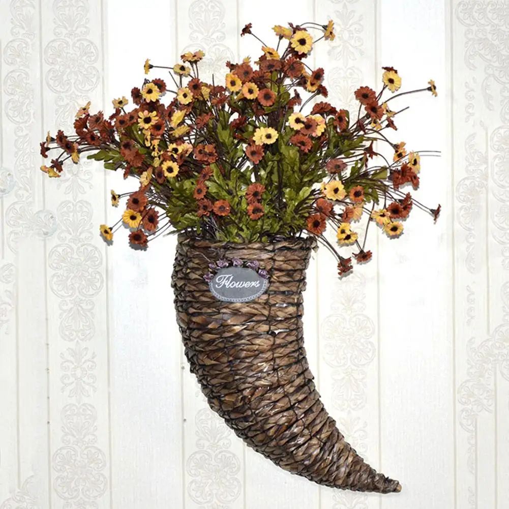 Horn Flower Vase Basket Handmade Straw Hanging Flower Basket Hand Woven