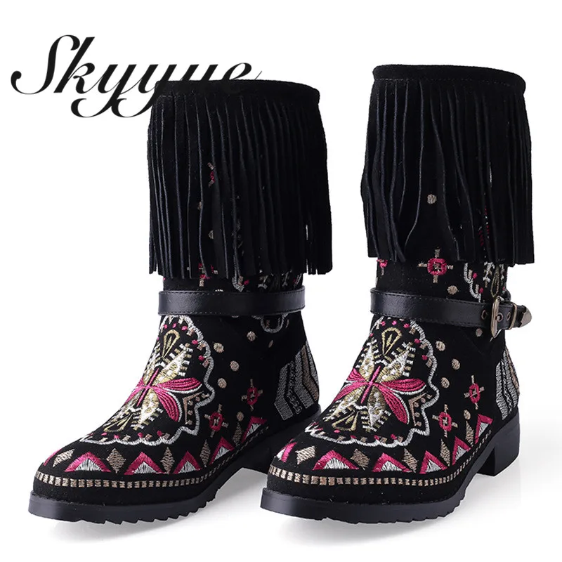 

SKYYUE New Genuine Leather Vintage Ethnic Gladiator Fringe Women Boots Round Toe Low Heel Winter Boots Shoes Women