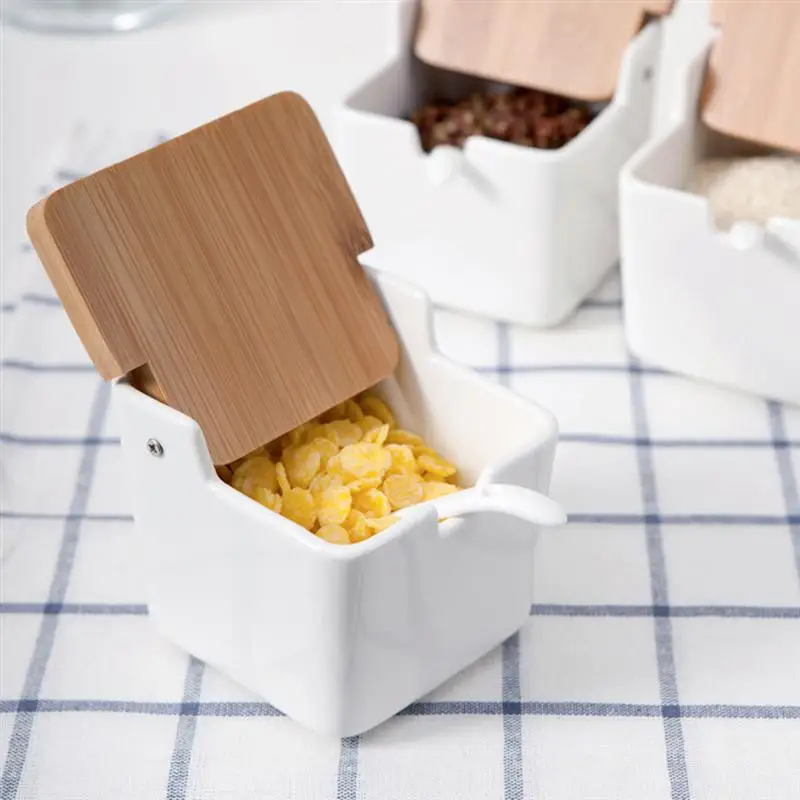 

Ceramic Spice Jars Sugar Bowl Food Storage Containers with Spoon and Bamboo Lid for Home Kitchen