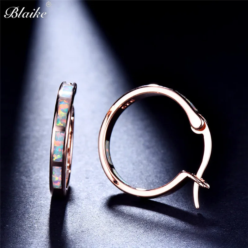 Blaike уникальные однорядные серьги-кольца с белым огненным опалом для женщин, заполненные розовым золотом, серьги для помолвки, свадьбы, ювелирный камень