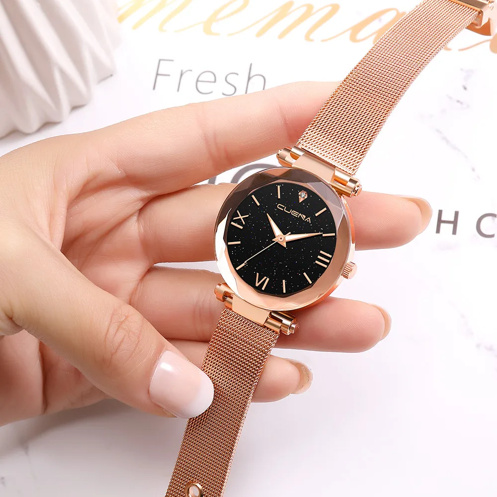 

NEW Fashion Women Stainless steel Mesh Belt Watch Leisure Luxury Rhinestone Starry sky Ladies Quartz Wristwatch Clock Gift #S