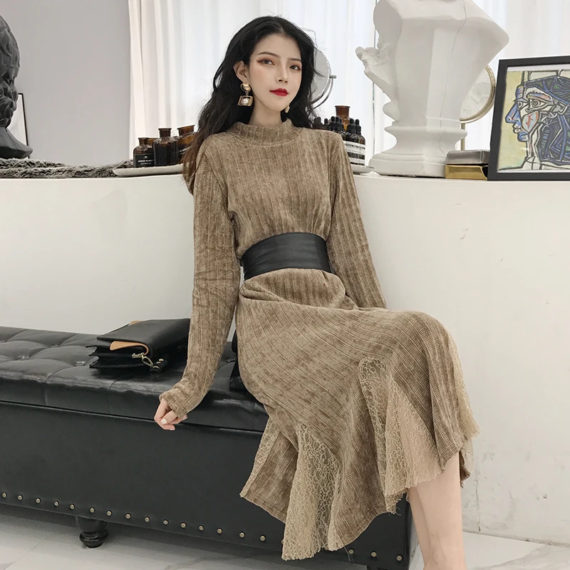 

2019 Autumn Winter Retro Lace stitching midi dress elegant lady temperament ladies dress slim dresses robe femme bandage vestido