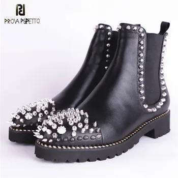 

Prova Perfetto Punk Style Rivets Motorcycle Boots Women Low Heel Slip on Shoes Woman Genuine Leather Ankle Boots Botas Mujer