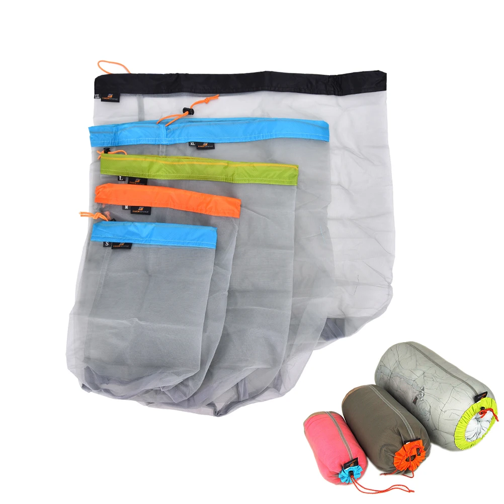 

1pc Portable Tavel Mesh Stuff Sack Drawstring Storage Bag Camping Sports Ultralight Outdoor Camping Travel Kit Equipment 5 Sizes