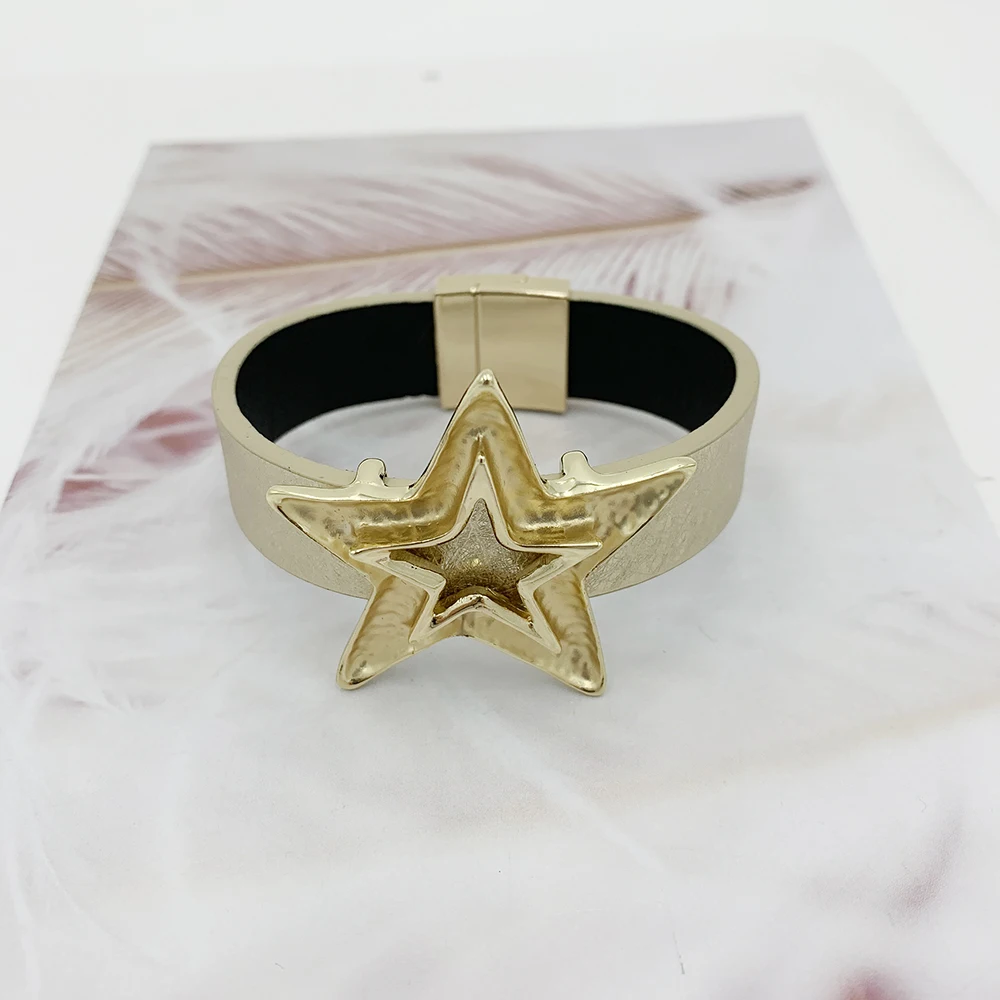 

Leather Bracelets for Women 2019 Five-Pointed Star Trendy Gold Color Metal Charm Wide Cuff Bracelet Fashion Jewelry