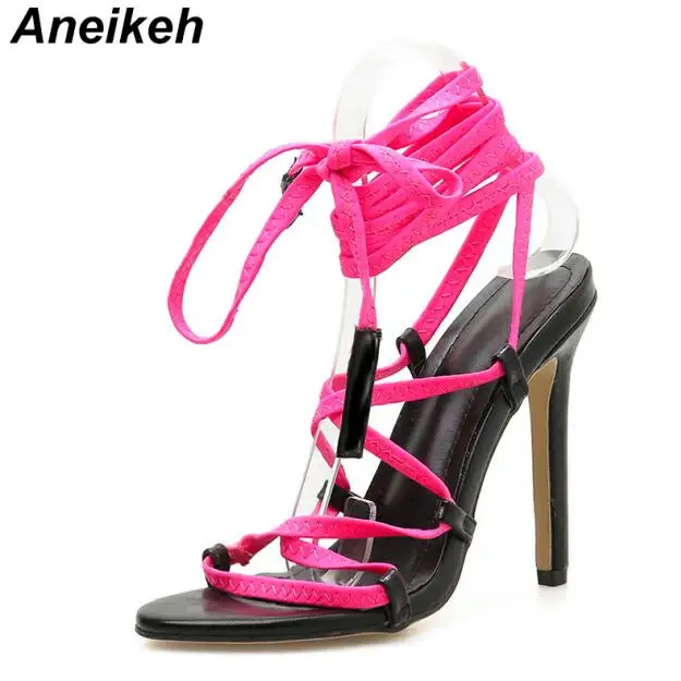 Aneikeh/ г. Классические босоножки на шнуровке на тонком высоком каблуке с перекрестными ремешками из PU искусственной кожи женская обувь с круглым носком офисная обувь, зеленый, красный, Size35-40 - Цвет: Red