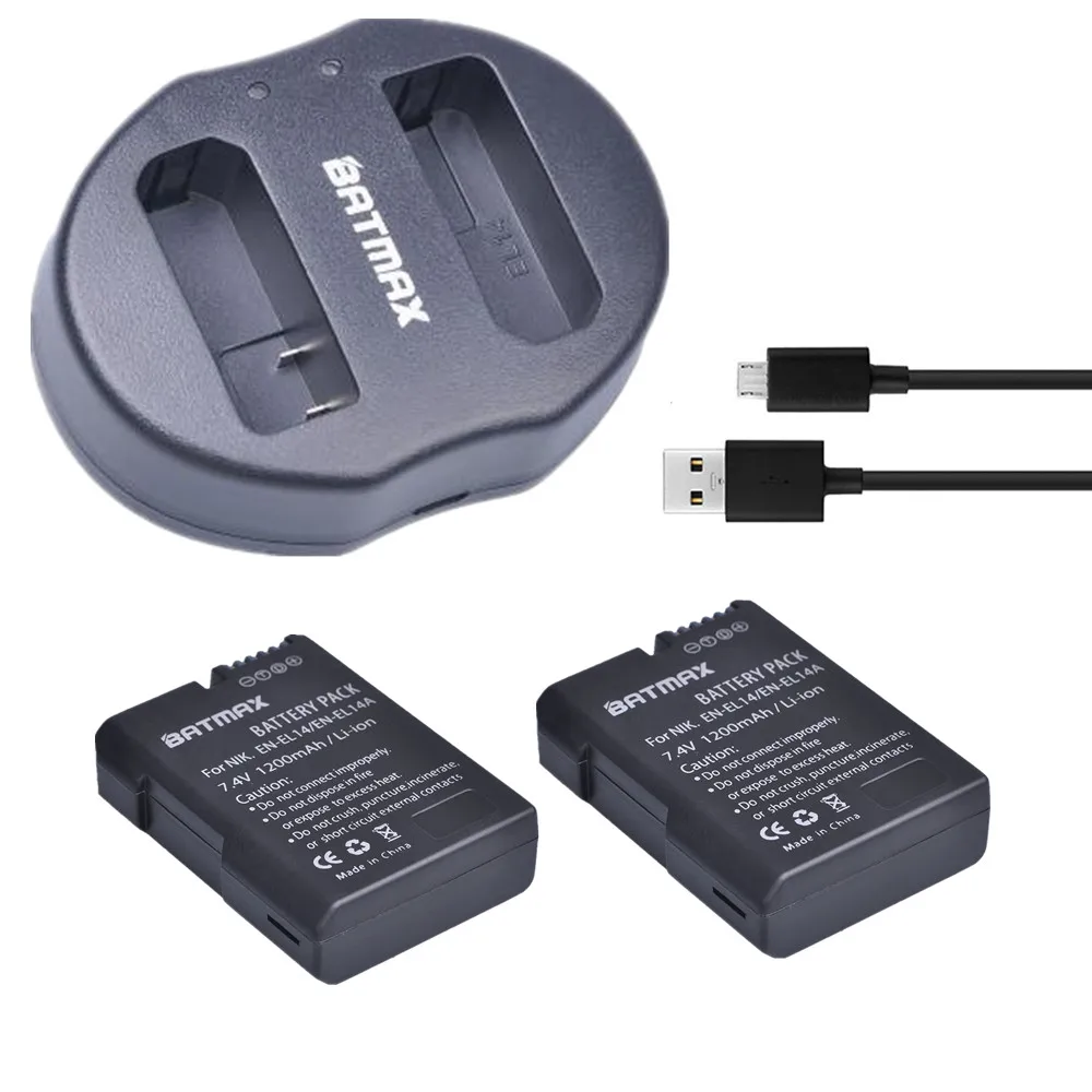Batmax 2pc EN-EL14 EN EL14 Li-ion Battery+Dual USB Charger for Nikon P7800 P7700 P7100 P7000 D5500 D5200 D3300 D5600 D3400 | Электроника