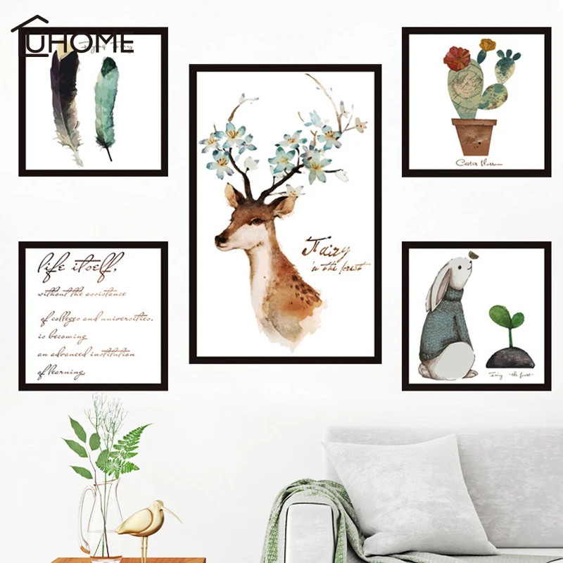 

5pcs/set Artistic Classic Wall Sticker Decal for Kids Room Mural Frame Elk Feather Wall Pictures for Living Room 55x90cm