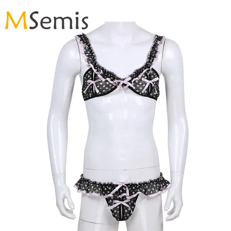  2Pcs Mens Bra Sissy Bra Top with Male Underwear Sexy Bra Soft Chiffon Elastic Frilly Ruffled Spots 