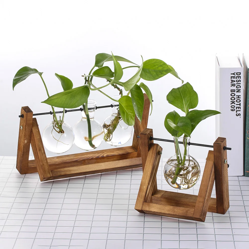 

Glass and Wood Vase Planter Terrarium Table Desktop Hydroponics Plant Bonsai Flower Pot Hanging Pots with Wooden Tray Home Decor