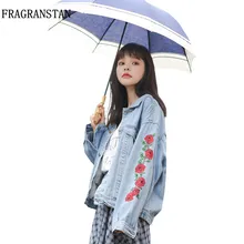 Новые модные женские туфли Роза Вышивка джинсовая куртка Свободные Тонкий Винтаж потертые сладкий Turn Подпушка воротник промывают синий женский пальто tgh33