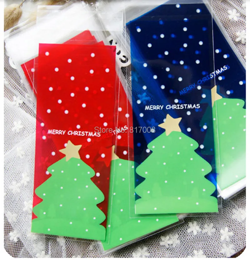50 шт./лот, рождественские пакеты для печенья, прозрачные, красные, синие, для новогодней елки, самоклеющиеся пакеты, подарочная упаковка «сделай сам», сумка