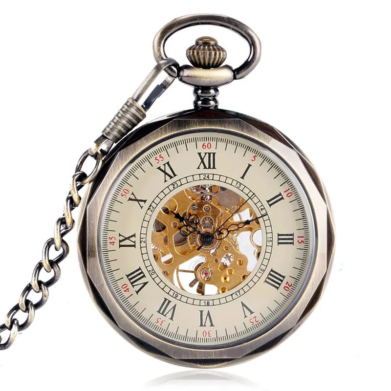 

Fob Pocket Watches Mechanical Hand Wind Transparent Retro Bronze Irregular Open Face Roman Number For Men Women Xmas Gift Analog