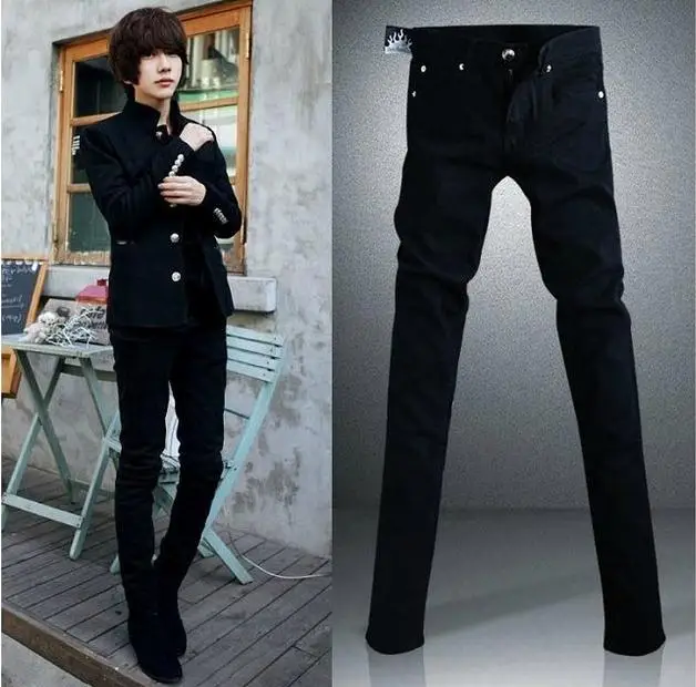 Новинка, домашние повседневные мужские обтягивающие джинсы в стиле хип-хоп для мужчин, для подростков, черные однотонные облегающие узкие брюки, мужские панталоны, джинсы, брюки - Цвет: Черный