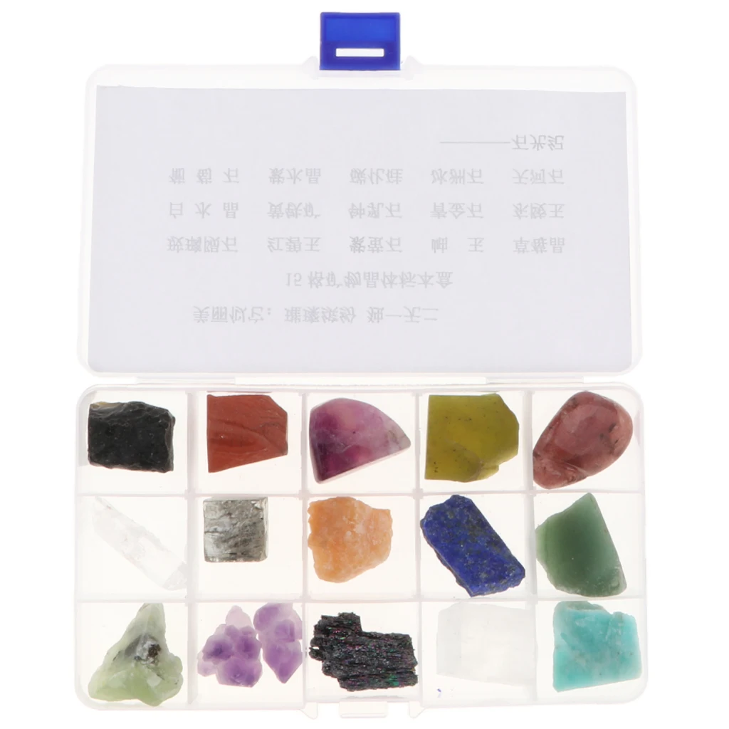 15pcs/ Box Educational Geology Science Kit Rock and Mineral Collection Gemstones Quartz / Jade Tektite Specimens in Display Case