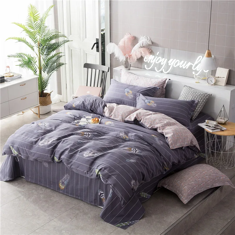 

Dark Stripes Pattern Feathers Pattern 100% Cotton Bedding Set King Size Duvet Cover Bohemian Printed Bed Cover 4Pcs Pillowcase