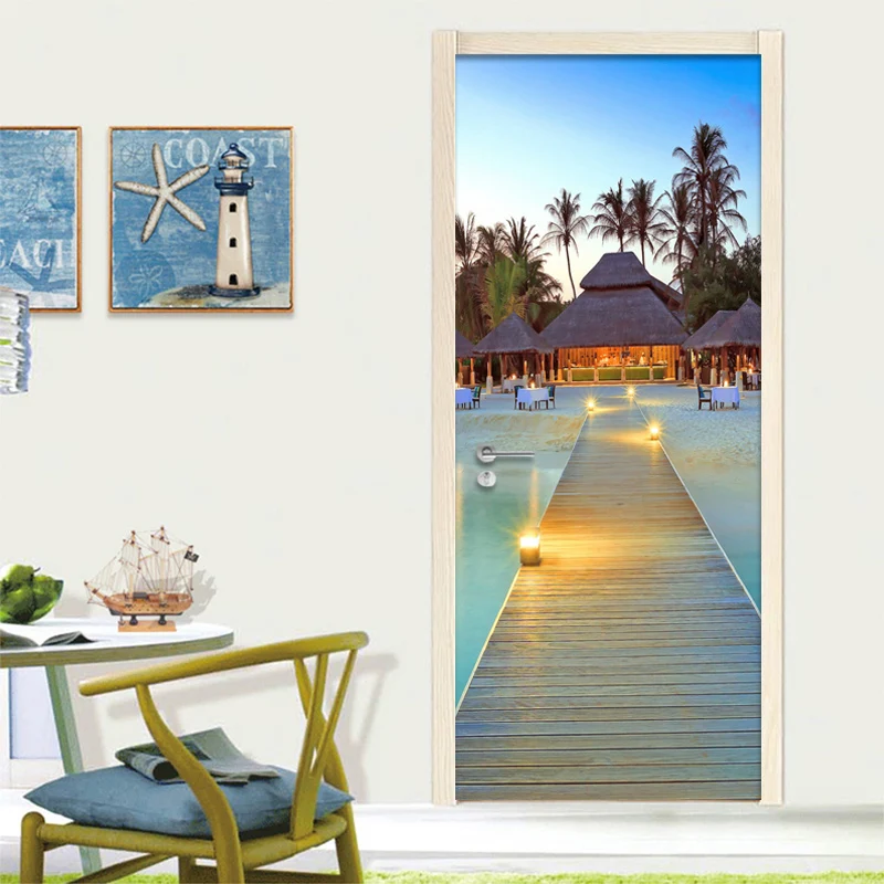 Фото обои 3D приморский пляж пейзаж дверь Стикеры Гостиная Обеденная ПВХ самоклеящаяся Водонепроницаемый настенной бумаги