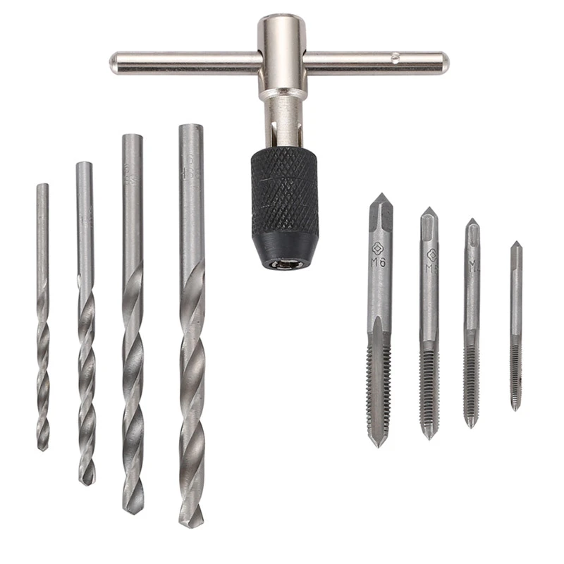 9Pcs//Set T Type Machine Hand Screw Thread Taps Reamer with Drill Bits and Wrench
