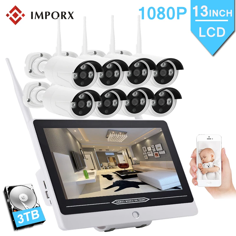 

8CH 1080P Wireless NVR Kit 13" LCD Monitor Screen 2MP Outdoor Home Security P2P Wifi CCTV System Camera Video Surveillance Kit