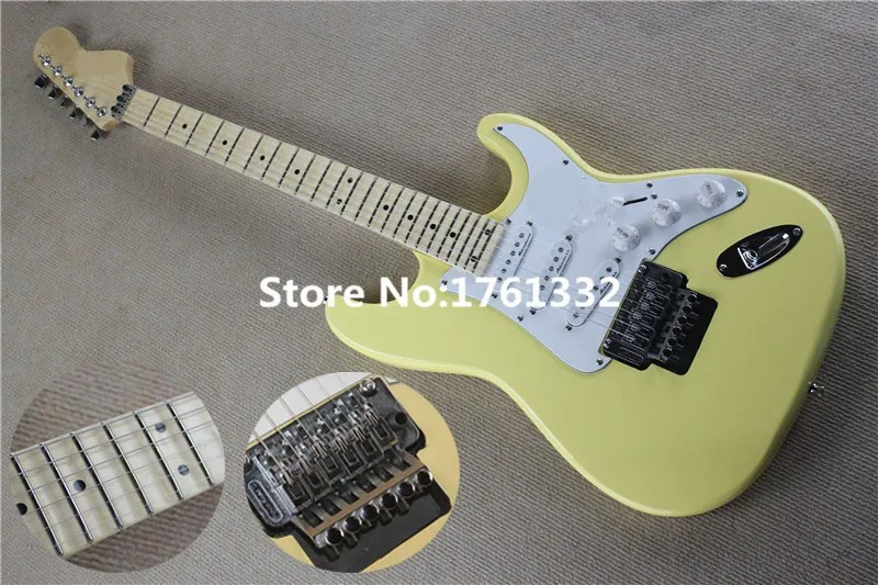 

Factory custom yellow tremolo electric guitar with SCALLOPED NECK,3 pickups,white pickguard,chrome hardware,can be customized