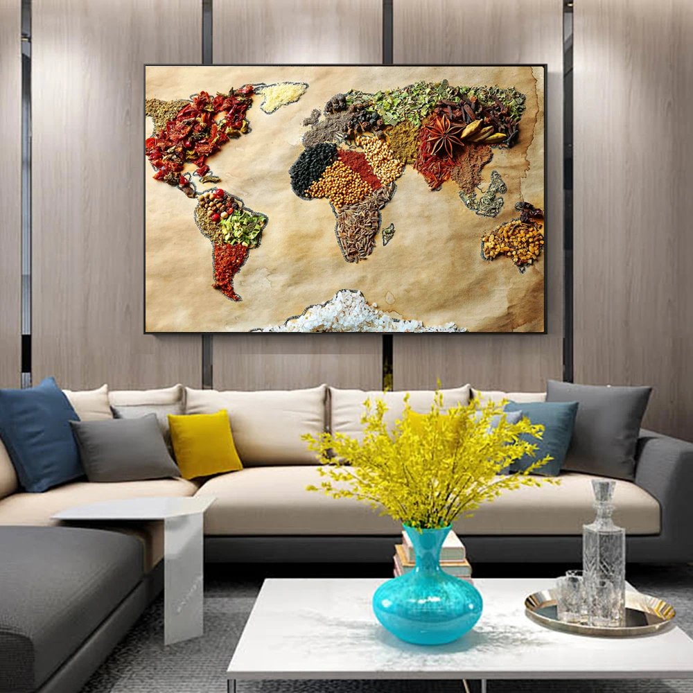 

World Map Of Food Wall Posters Modern Whole Grains Pop Art Canvas Prints World Map Picture For Kitchen Living Room Cuadros Decor