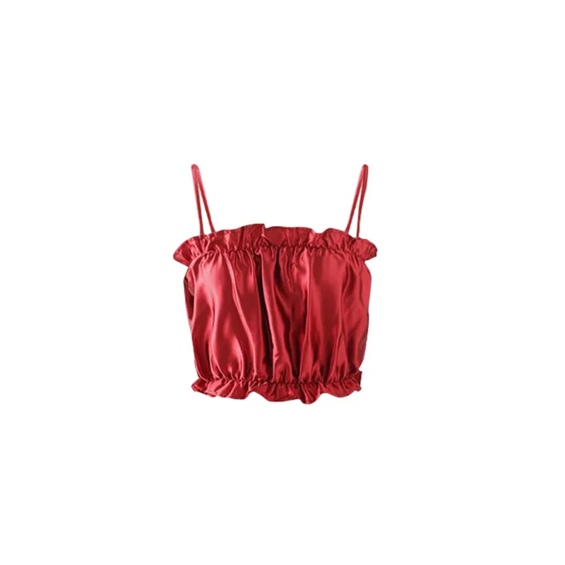 Летние женские сексуальные атласные Спагетти ремни camisole falbala майка с открытой спиной кружевной кроп-Топ женские топы - Цвет: red