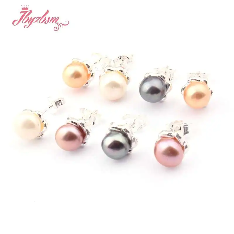 

6mm Round Beads Genuine Freshwater Pearl Natural Stone Beads Flower Silver Fashion Studs Earring For Woman Christmas Gift 1 Pair