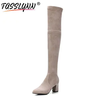 

TASSLYNN 2018 Stretch Women Boots Square Heels Shoes Women Over The Knee Boots Short Plush Keep Warm Winter Woman Boots Size 43