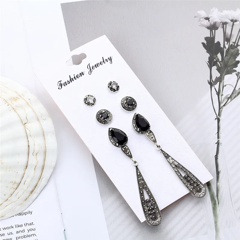 2018 Trendy stud earrings for Women Bohemia Black Long Retro Zircon 4 Pair Stud Earrings Set Combination Brincos J04#N (7)