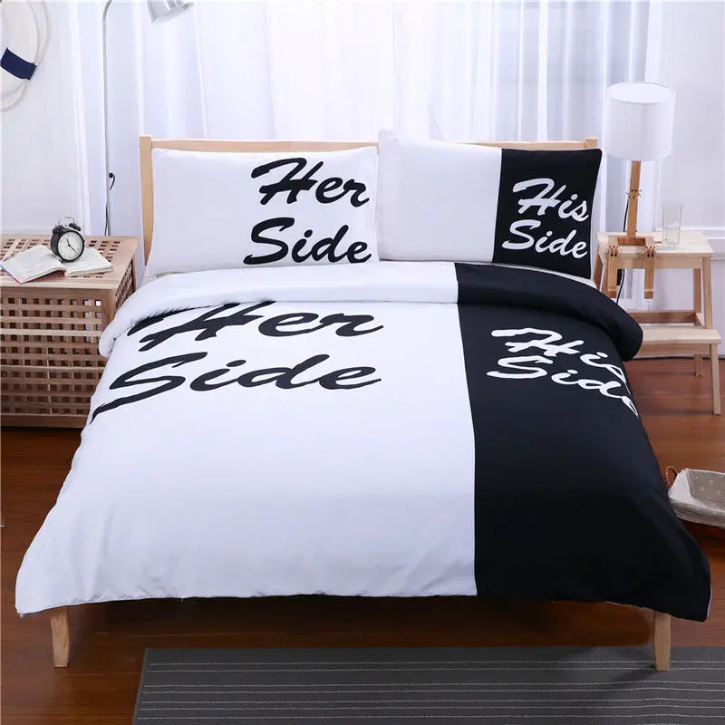 High Quality Black Blue Red His Her Side Bedding Set 3pcs Soft Couple Duvet Cover with