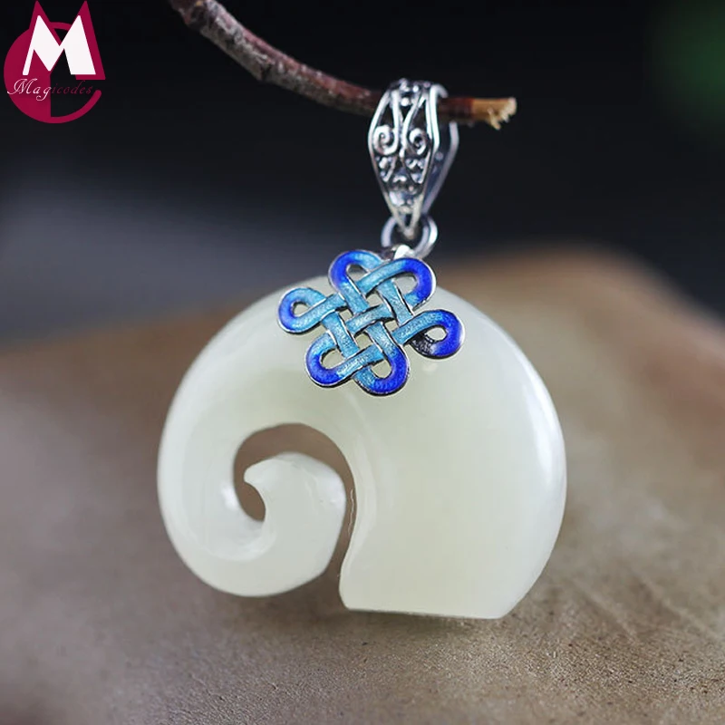 

Valentine's Day Natural White Jade Pendant Necklace Women Men Jewelry Cute Animal Elephant Burn Blue Pendant Silver Knot SP78