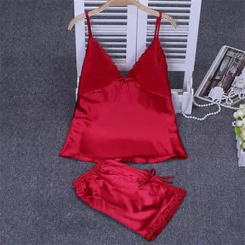

Sexy 2PC Red Satin Women Wedding Pajama Sets Spaghetti Strap & Short Pants Ladies' Nightdress Summer Lace Home Wear M L XL XXL