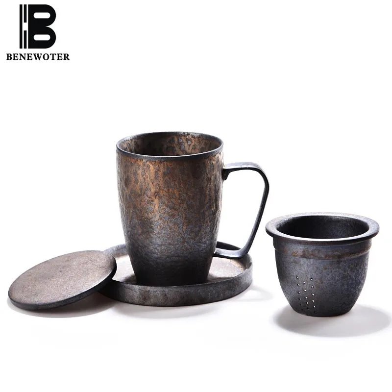 

400ml Vintage Japanese Style Rust Glaze Ceramic Coarse Pottery Mug for Tea Milk Coffee Cup with Saucer Spoon Kit Water Drinkware