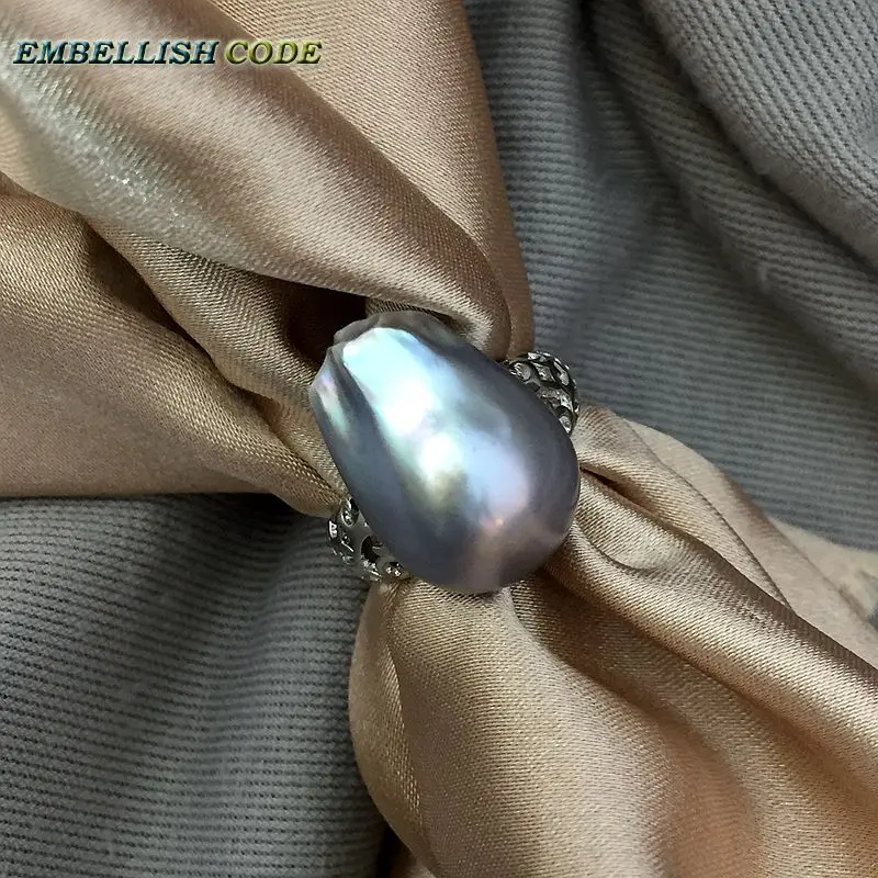Регулируемое кольцо с жемчугом в стиле барокко, 925 серебряное кольцо, простое классическое серое блестящее кольцо из ткани, огненный шар для женщин