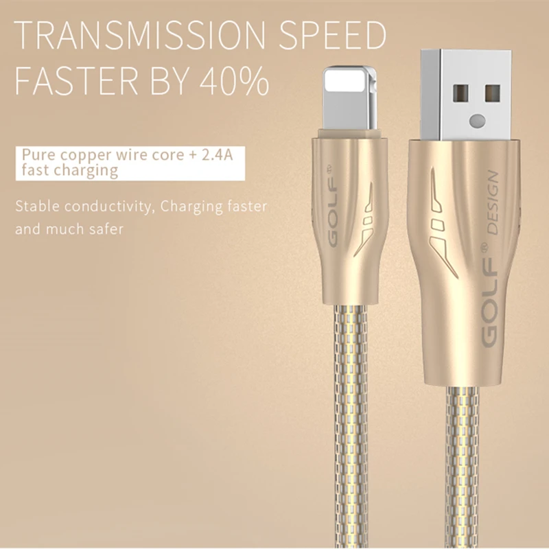 Гольф 1 м Металл спиральная труба 2.4A быстрой зарядки 8-контактный USB синхронизации данных зарядное устройство кабель для iPhone 6 6S 7 8 Plus X 5 5S iPad Air 2 Mini 2