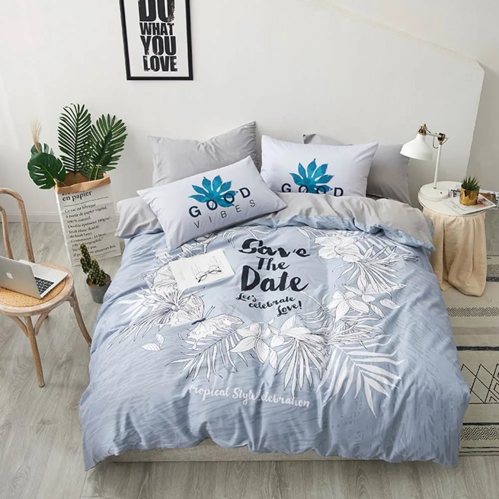 

2019 Pastoral Light Grey Leaves Scandinavian Cotton Bedlinens 4pcs Bedding Set Twin Queen Customize Size Bedsheet Pillowcases