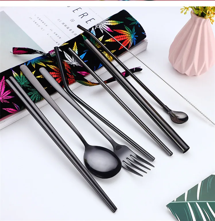 

2019NEW Korean Stainless Steel Cutlery Set Portable Cutlery Chopsticks Fork Spoon Set Metal Straw Pipette Spoon Protable Bag