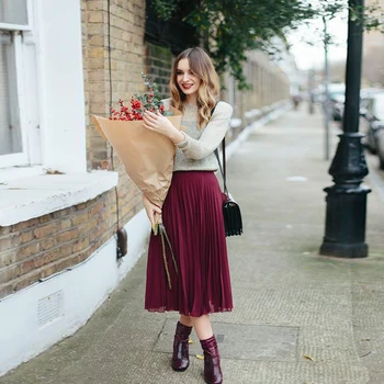 

Burgundy Chiffon Women Skirts Custom Made Chic Invisible Zipper Pleated Tea Length Skirts Spring Winter Maxi Saia