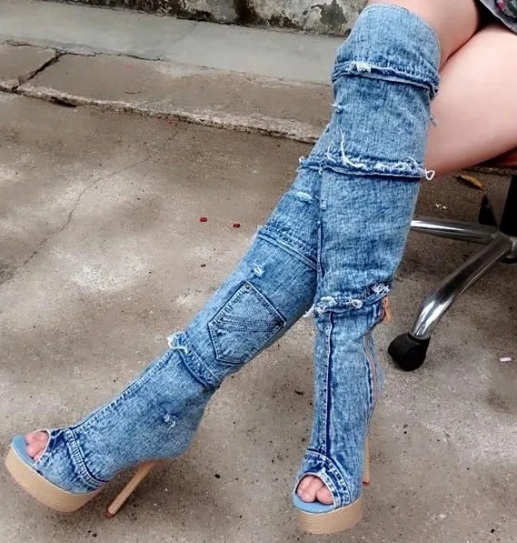 Summer fashion women jeans boots over the knee sexy high heel designer platform boots patchwork peep toe women blue denim boots