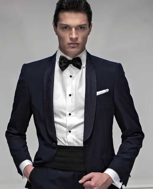 Latest Coat Pant Designs Navy Blue Italian Men Suit Shawl Lapel Formal Skinny Prom Tuxedo Gentle