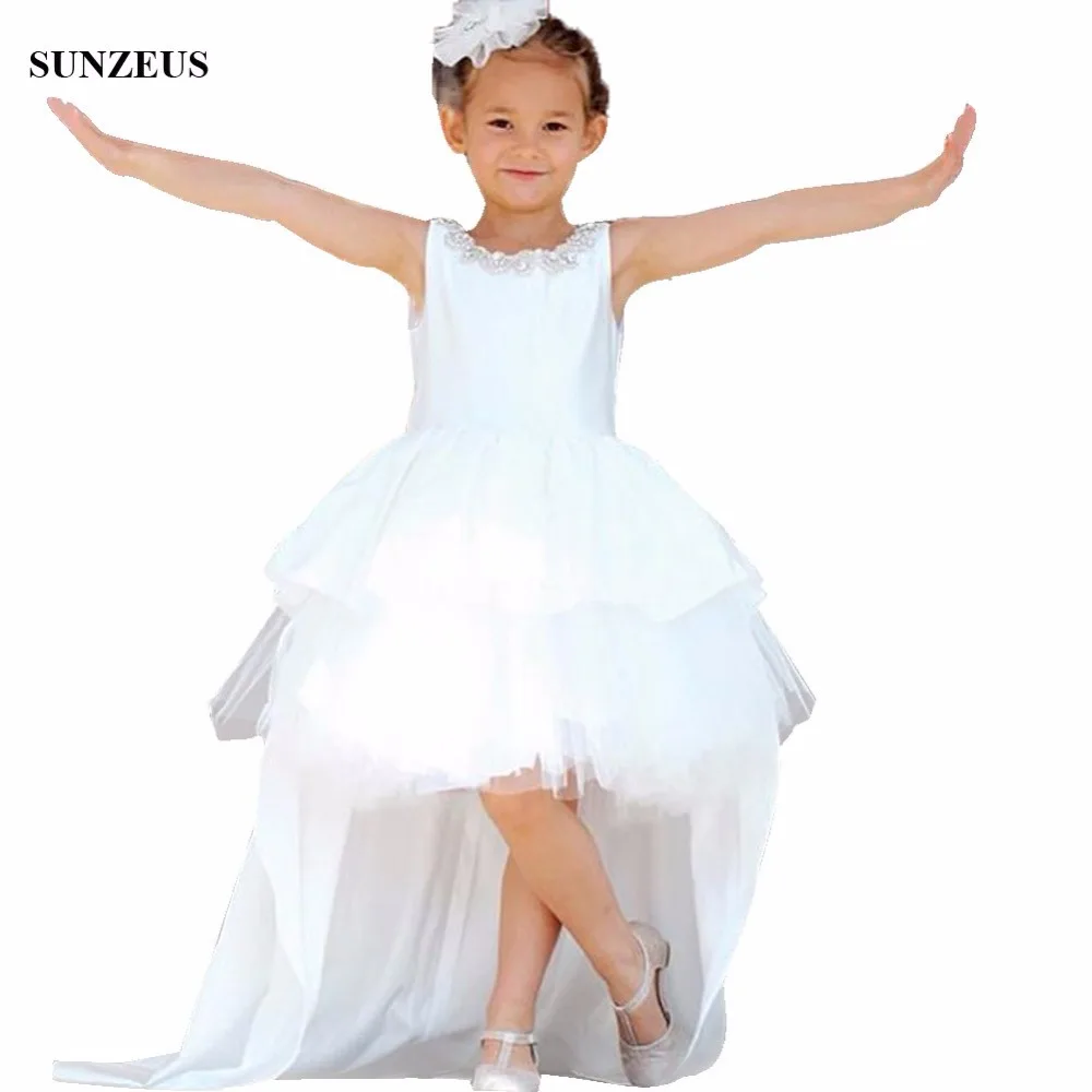 Кристалл бисера декольте платье с цветочным узором для девочек короткое спереди и длинное сзади атласная Свадебная вечеринка платья для