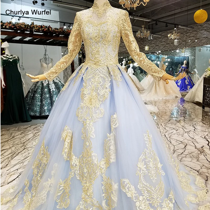 

LS124545 blue cheap muslim evening dress long sleeves high neck shiny flowers floor length a-line mothers of the brides dresses