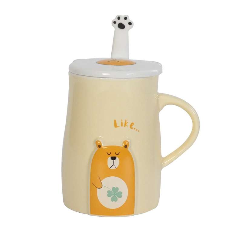 2.7Cute cartoon bear mug embossed ceramic mug with lid and spoon creative office water animal cup couple mug milk coffee cup gift