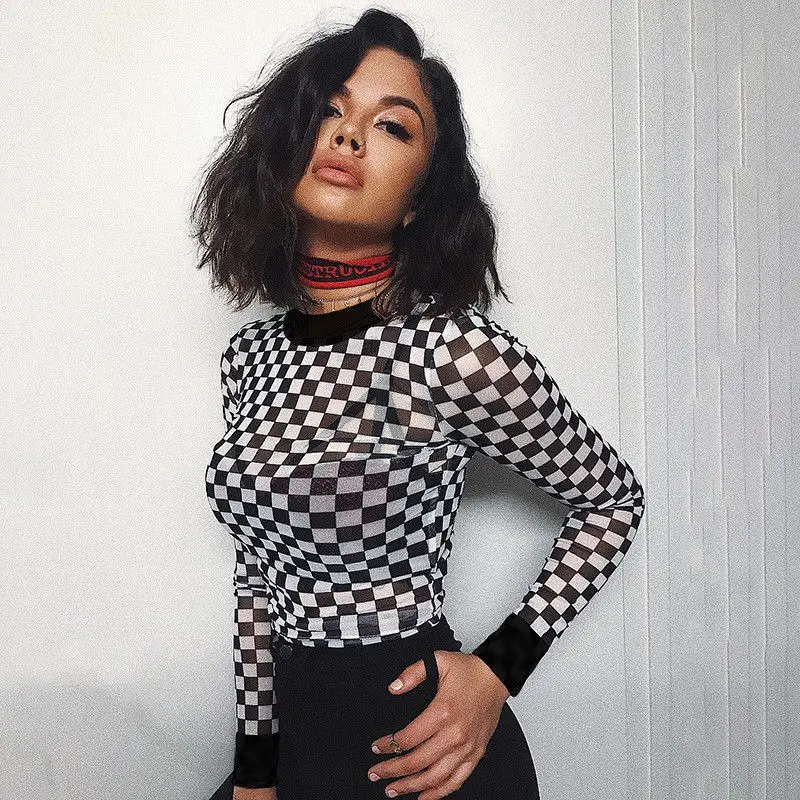 

2018 Brand New Women Checked Transprent Shirt Sexy Fashion Longsleeve Plaid Tops Casual T Shirt Slim Fit