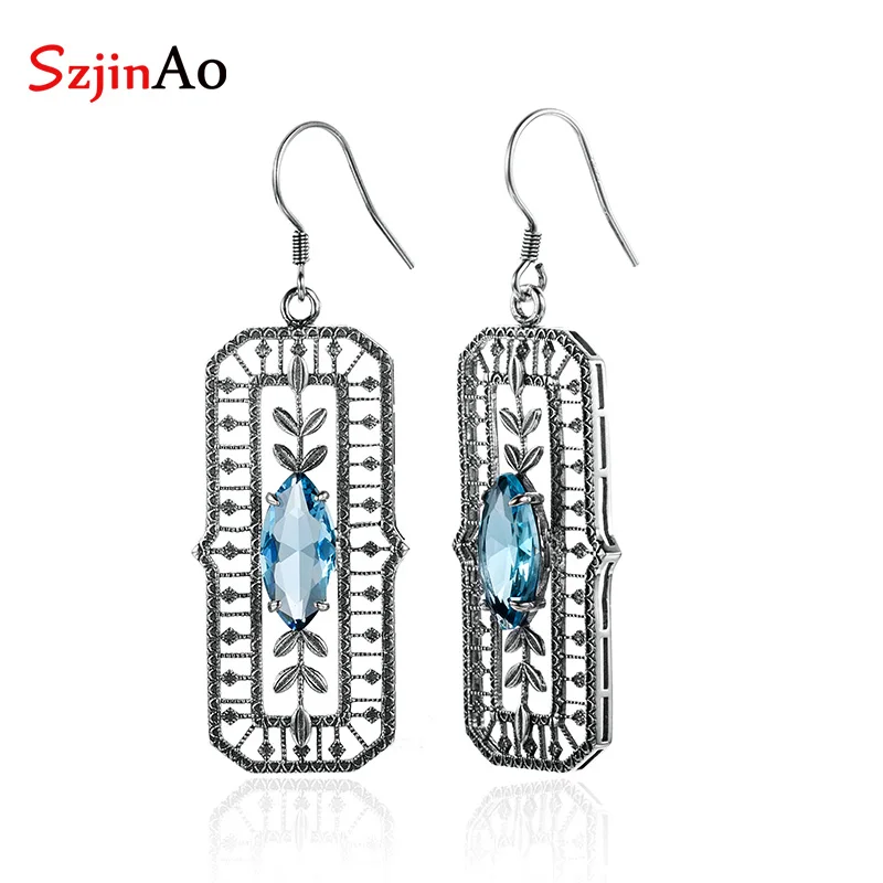

SzjinAo Wholesale Handmade Solid 925 Sterling Silver Aquamarine Drop Earrings March Birthstone Fine jewelry Women Accessories
