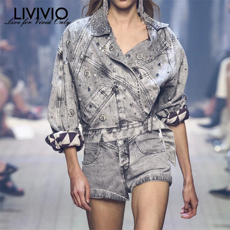 

[LIVIVIO] Diamond Patchwork Jacket For Women Lapel Collar Lantern Sleeve Short Coat Female 2019 Streetwear Fashion New