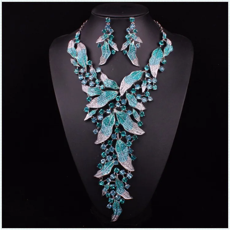 Luxury Blue Color Necklace Earrings Sets Rhinestone Tree Leaf Luxury Blue Color Necklace Earrings Sets Rhinestone Tree Leaf Wedding Party Women S Statement Jewelry For Bridal In From