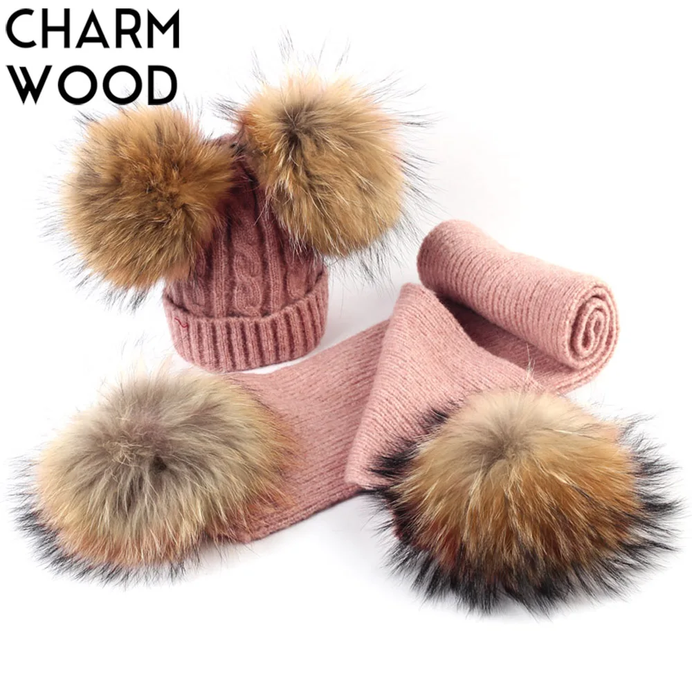 

2 Pcs Set for Kids Winter Knitted Beanie and Scarf with Double Real Pompoms Boys and Girls Slouchy Beanie Hats with Real Pompoms