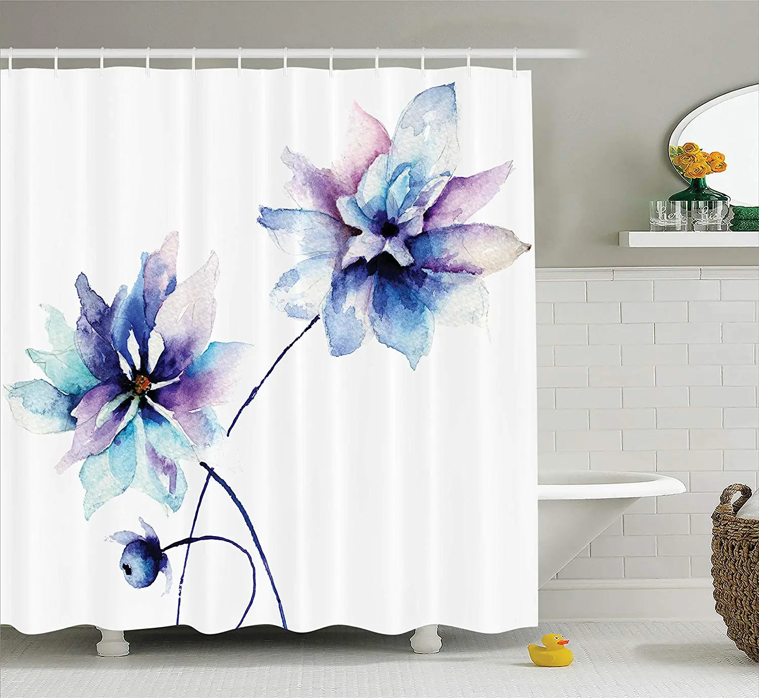 

Flower Decor Elegant Flower Drawing with Soft Spring Colors Retro Style Shower Curtains Bathroom Curtain Waterproof Bath Curtain